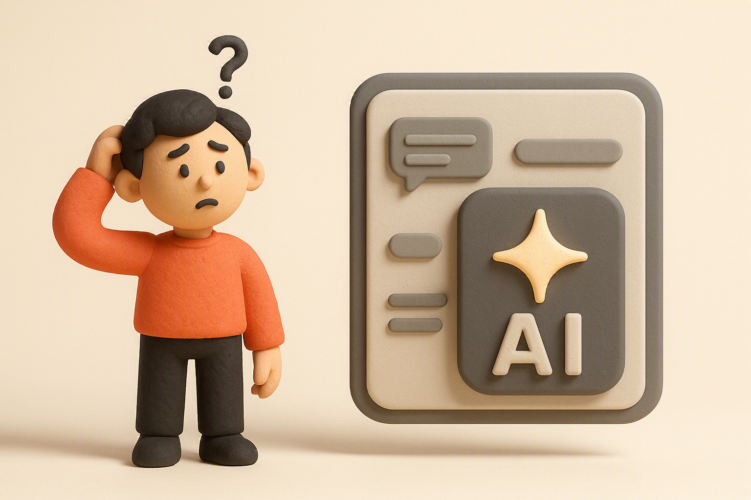 Personaje 3D confundido frente a una pantalla mostrando una interfaz de inteligencia artificial, representando las dudas al crear página web con IA